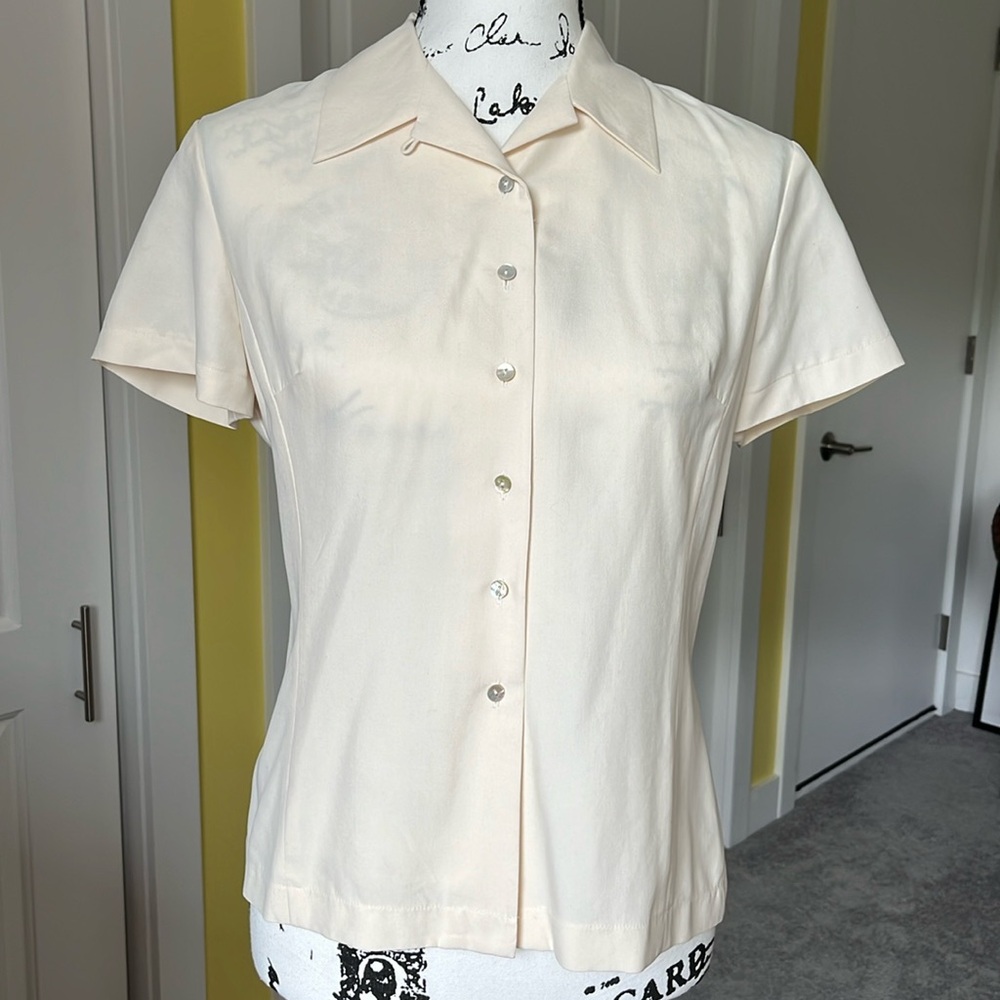 Liz Claiborne Silk Short Sleeve Button Down Blouse, Cream